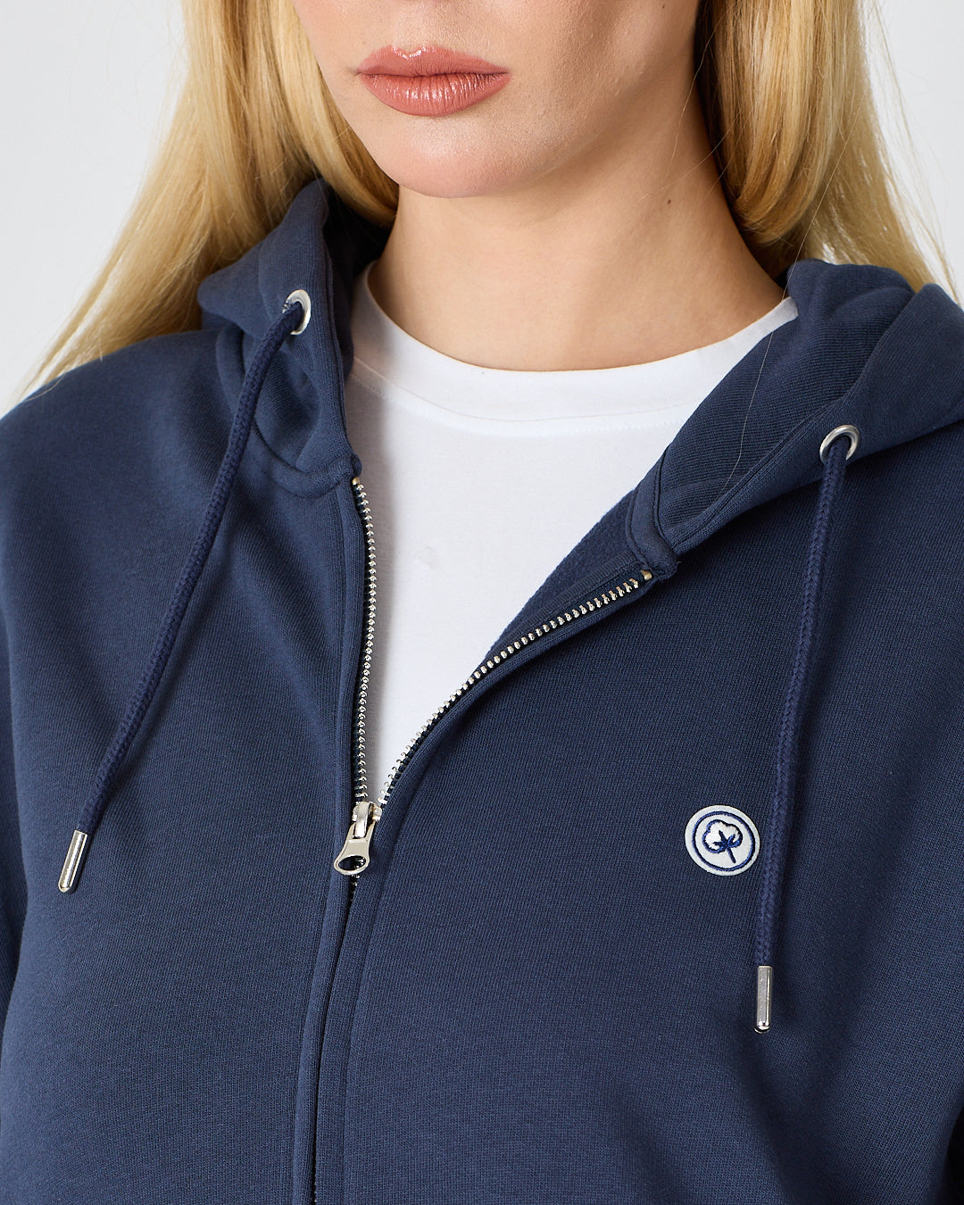 Unisex Lacivert Beyaz Aplike Logo Organik Pamuk Standart Kesim Tam Fermuarlı Kapüşonlu Sweatshirt