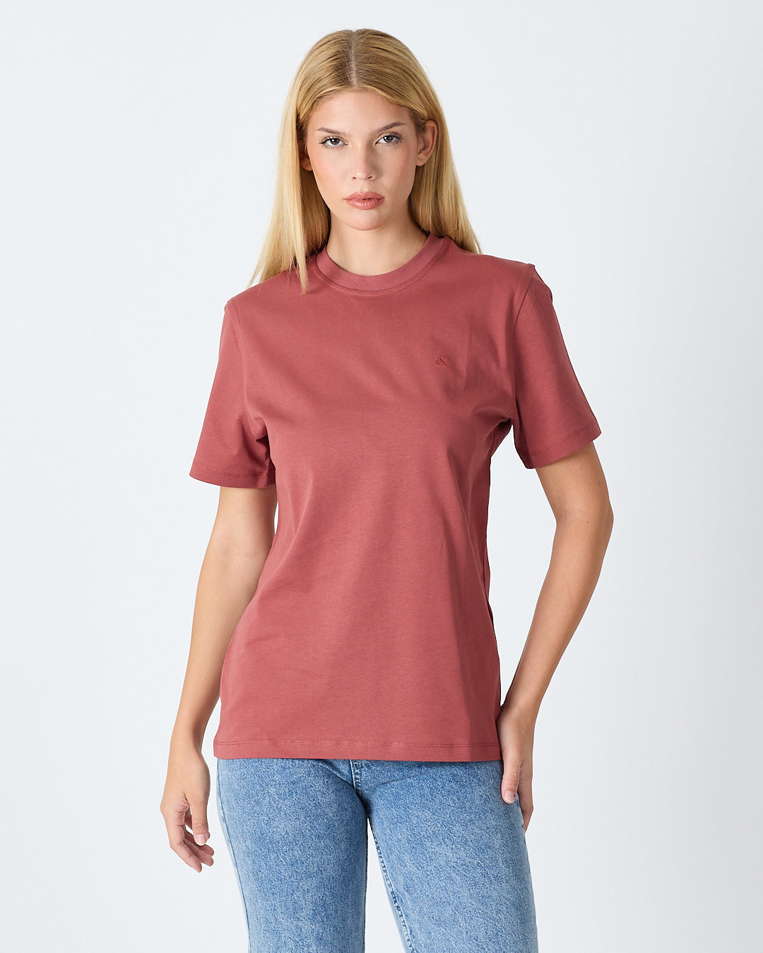 Unisex Gül Kurusu Nakış Standart Kalıp Organik Pamuk Bisiklet Yaka T-Shirt