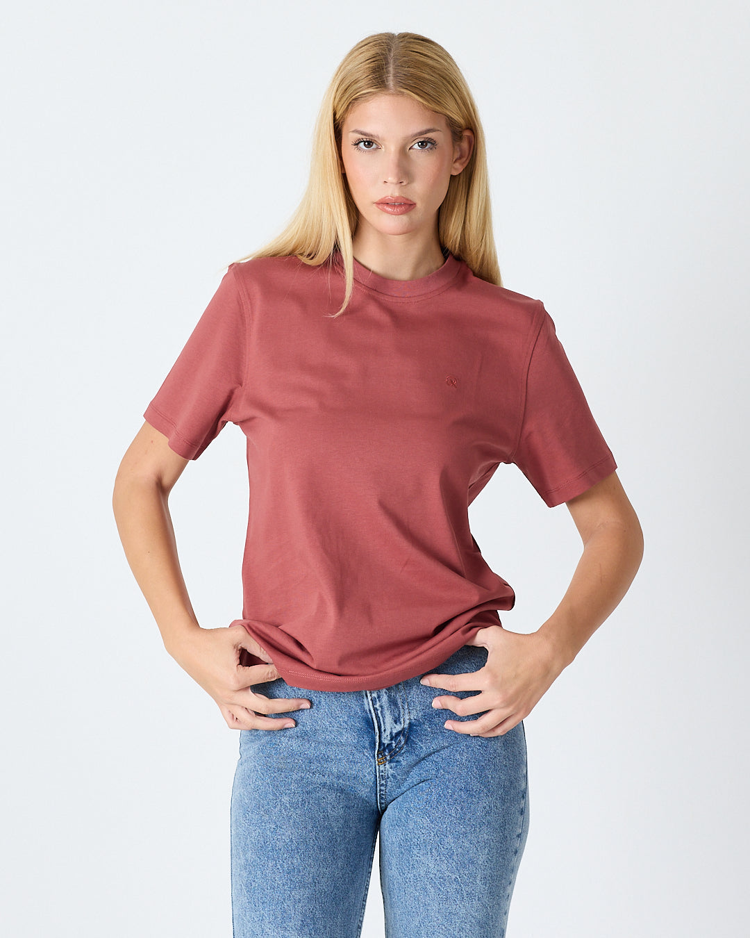 Unisex Gül Kurusu Nakış Standart Kalıp Organik Pamuk Bisiklet Yaka T-Shirt