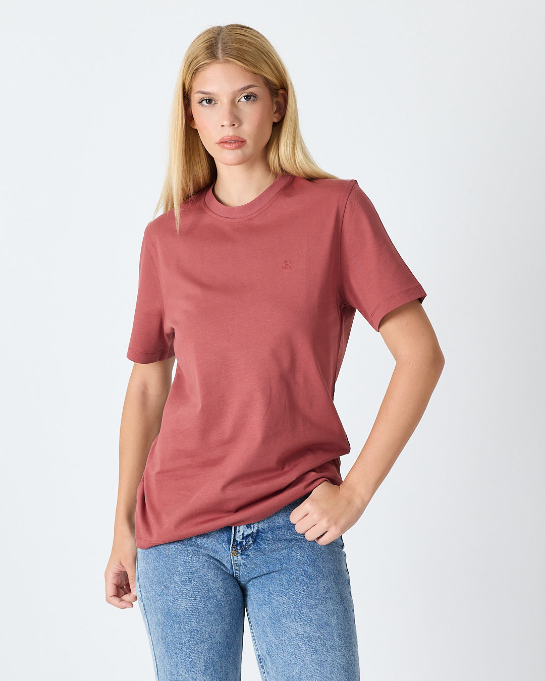 Unisex Gül Kurusu Nakış Standart Kalıp Organik Pamuk Bisiklet Yaka T-Shirt