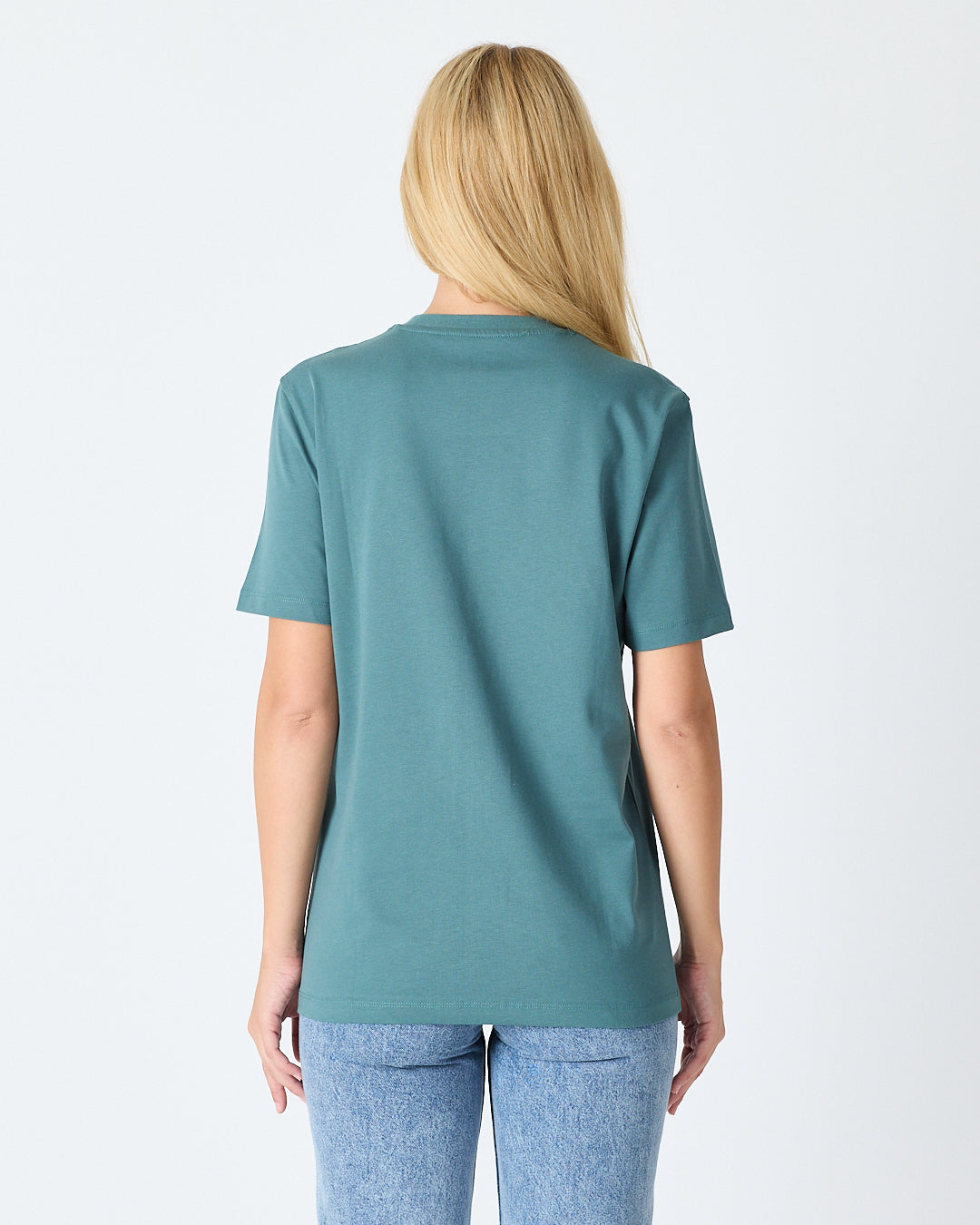 Unisex Turkuaz Yeşili Beyaz Aplike Logo Organik Pamuk Standart Kesim Bisiklet Yaka T-shirt