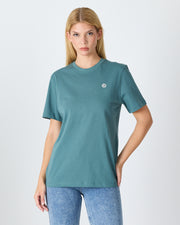Unisex Turkuaz Yeşili Beyaz Aplike Logo Organik Pamuk Standart Kesim Bisiklet Yaka T-shirt
