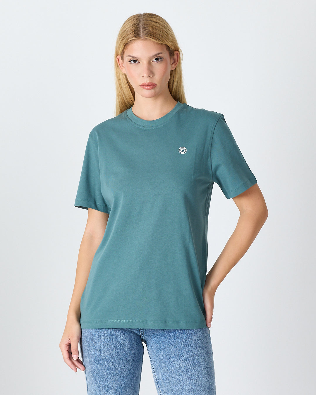 Unisex Turkuaz Yeşili Beyaz Aplike Logo Organik Pamuk Standart Kesim Bisiklet Yaka T-shirt