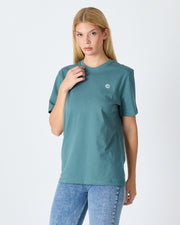 Unisex Turkuaz Yeşili Beyaz Aplike Logo Organik Pamuk Standart Kesim Bisiklet Yaka T-shirt