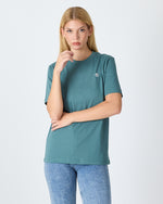 Unisex Turkuaz Yeşili Beyaz Aplike Logo Organik Pamuk Standart Kesim Bisiklet Yaka T-shirt