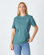 Unisex Turkuaz Yeşili Beyaz Aplike Logo Organik Pamuk Standart Kesim Bisiklet Yaka T-shirt