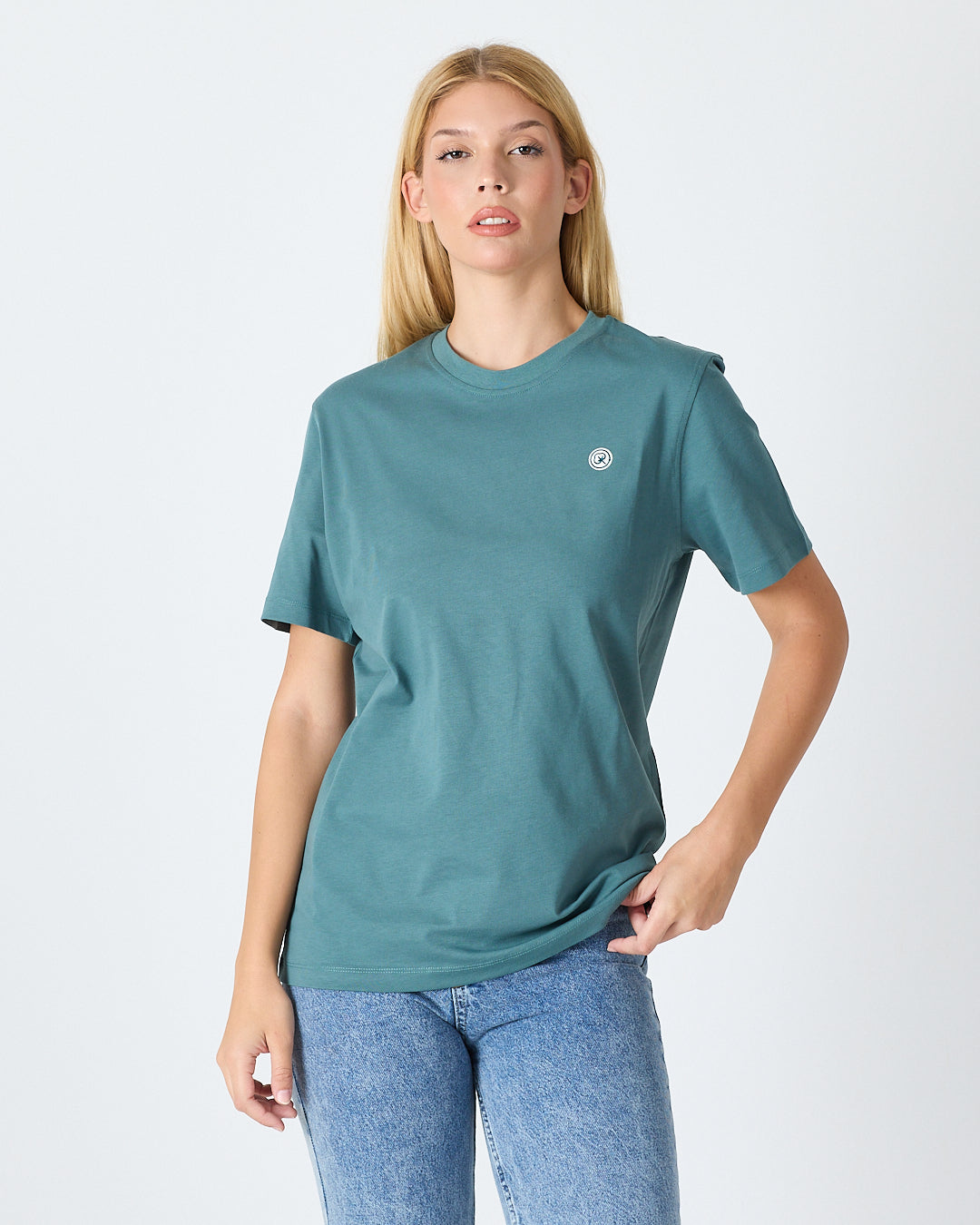 Unisex Turkuaz Yeşili Beyaz Aplike Logo Organik Pamuk Standart Kesim Bisiklet Yaka T-shirt