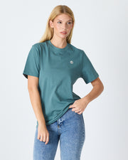 Unisex Turkuaz Yeşili Beyaz Aplike Logo Organik Pamuk Standart Kesim Bisiklet Yaka T-shirt