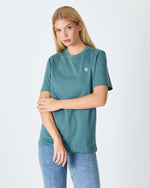 Unisex Turkuaz Yeşili Beyaz Aplike Logo Organik Pamuk Standart Kesim Bisiklet Yaka T-shirt