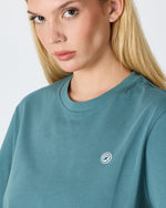 Unisex Turkuaz Yeşili Beyaz Aplike Logo Organik Pamuk Standart Kesim Bisiklet Yaka T-shirt