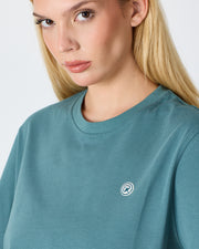 Unisex Turkuaz Yeşili Beyaz Aplike Logo Organik Pamuk Standart Kesim Bisiklet Yaka T-shirt
