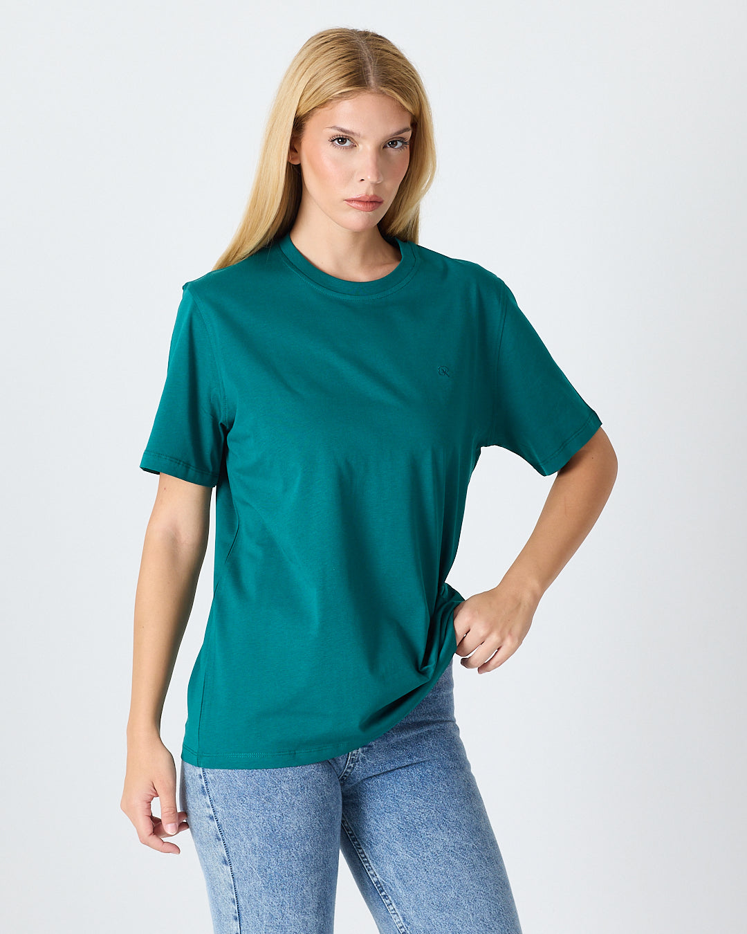 Unisex Turkuaz Yeşili Nakışlı Standart Kalıp Organik Pamuklu Bisiklet Yaka T-Shirt