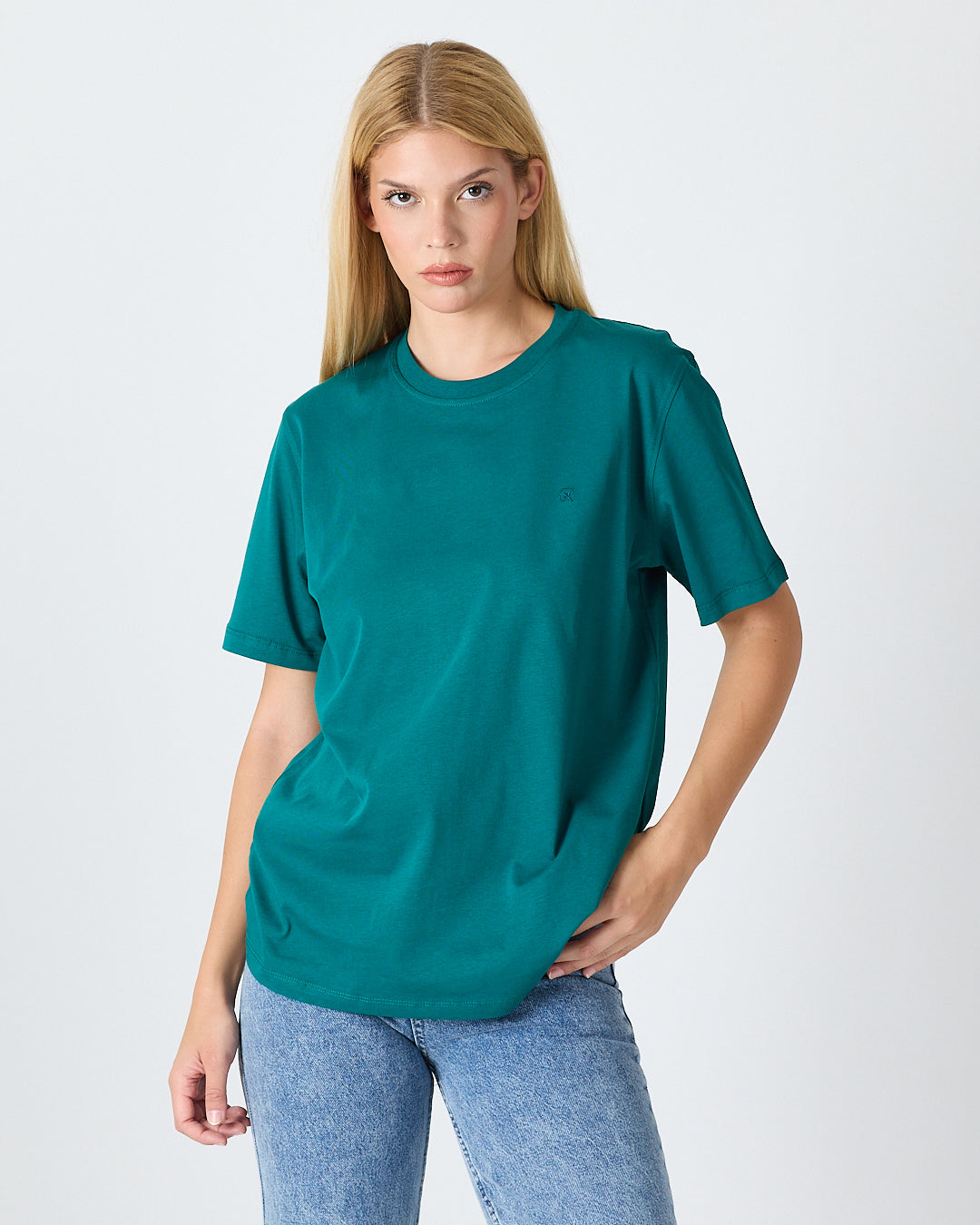 Unisex Turkuaz Yeşili Nakışlı Standart Kalıp Organik Pamuklu Bisiklet Yaka T-Shirt