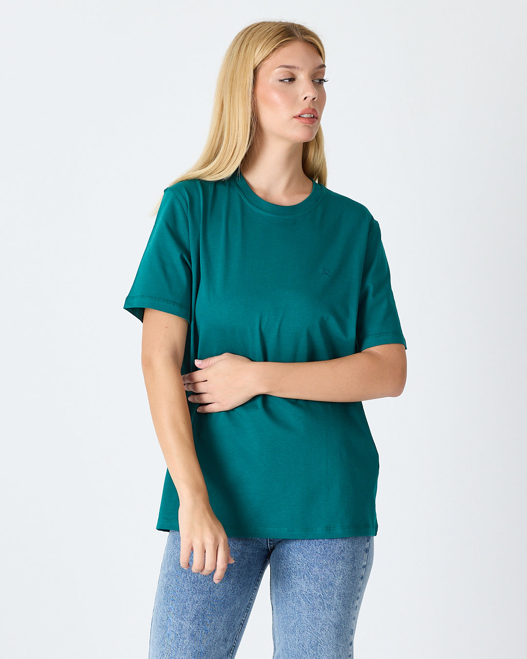 Unisex Turkuaz Yeşili Nakışlı Standart Kalıp Organik Pamuklu Bisiklet Yaka T-Shirt