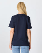 Unisex Lacivert Beyaz Aplike Logo Organik Pamuk Standart Kesim Bisiklet Yaka T-shirt