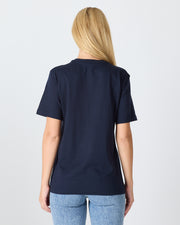 Unisex Lacivert Beyaz Aplike Logo Organik Pamuk Standart Kesim Bisiklet Yaka T-shirt