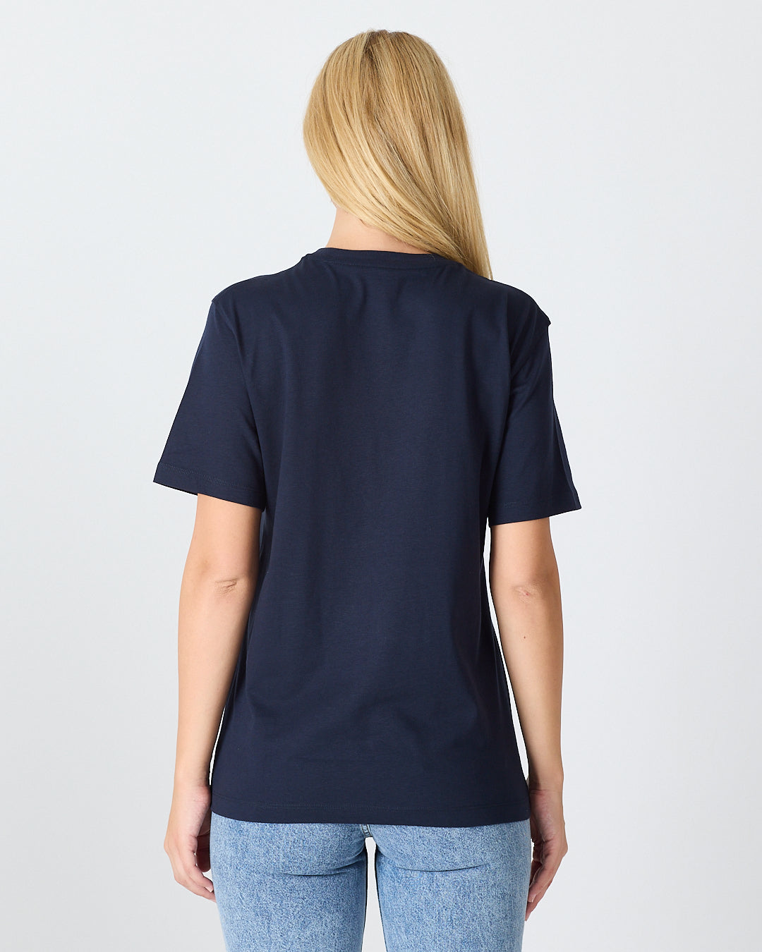 Unisex Lacivert Beyaz Aplike Logo Organik Pamuk Standart Kesim Bisiklet Yaka T-shirt