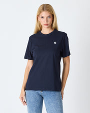 Unisex Lacivert Beyaz Aplike Logo Organik Pamuk Standart Kesim Bisiklet Yaka T-shirt