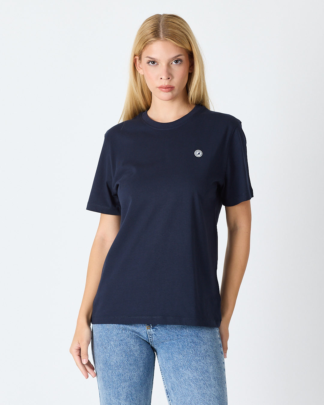 Unisex Lacivert Beyaz Aplike Logo Organik Pamuk Standart Kesim Bisiklet Yaka T-shirt