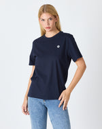 Unisex Lacivert Beyaz Aplike Logo Organik Pamuk Standart Kesim Bisiklet Yaka T-shirt