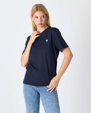 Unisex Lacivert Beyaz Aplike Logo Organik Pamuk Standart Kesim Bisiklet Yaka T-shirt