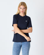 Unisex Lacivert Beyaz Aplike Logo Organik Pamuk Standart Kesim Bisiklet Yaka T-shirt