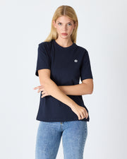 Unisex Lacivert Beyaz Aplike Logo Organik Pamuk Standart Kesim Bisiklet Yaka T-shirt