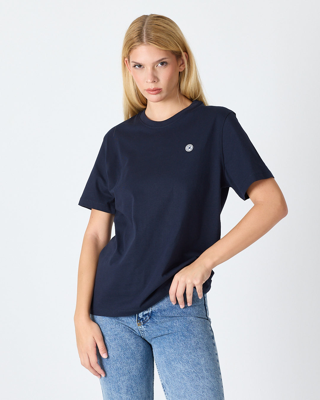 Unisex Lacivert Beyaz Aplike Logo Organik Pamuk Standart Kesim Bisiklet Yaka T-shirt