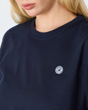 Unisex Lacivert Beyaz Aplike Logo Organik Pamuk Standart Kesim Bisiklet Yaka T-shirt