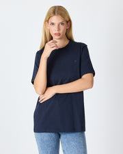 Unisex Blue Embroidered Standard Fit Crew Neck Organic Cotton T-Shirt-1010204
