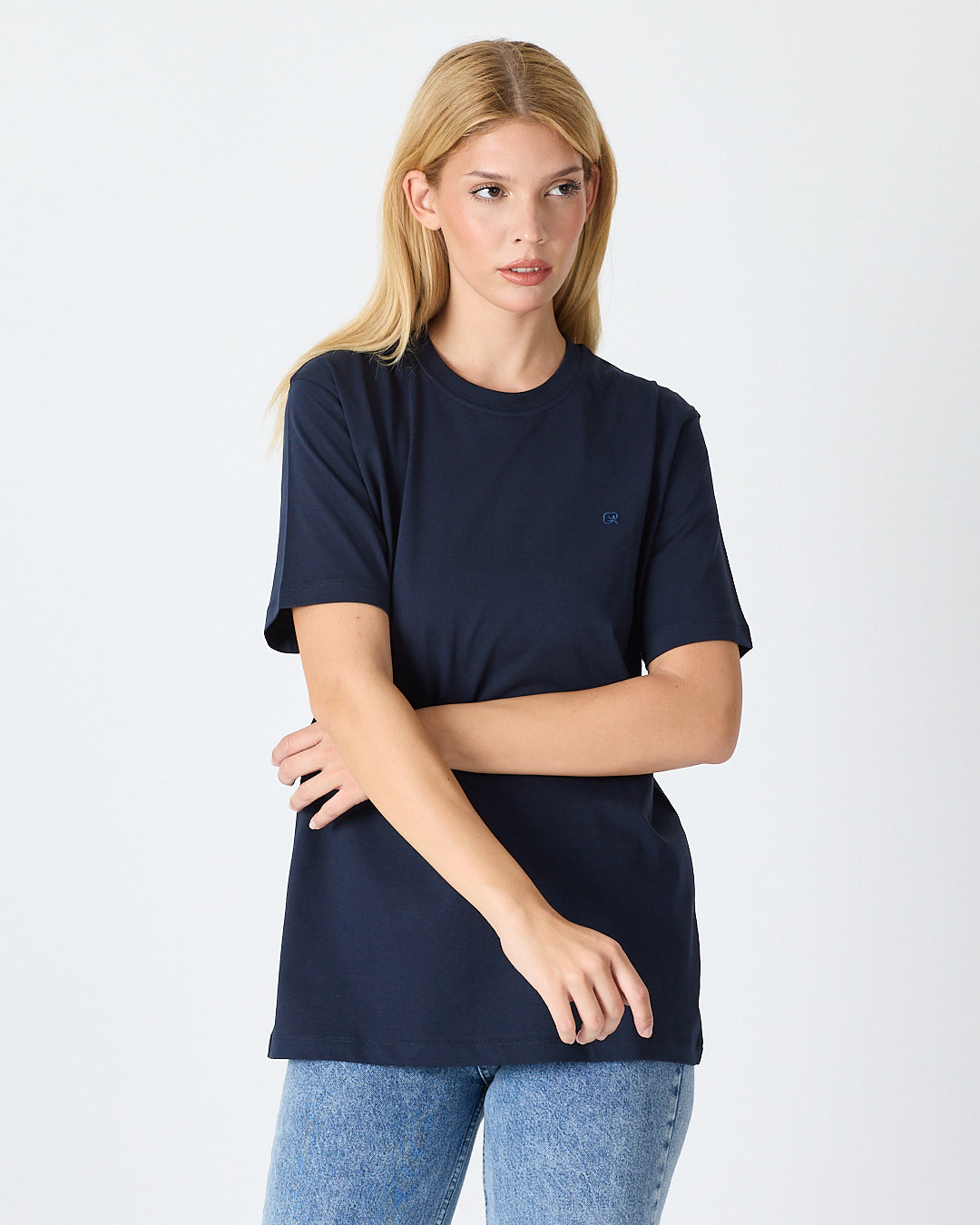 Unisex Blue Embroidered Standard Fit Crew Neck Organic Cotton T-Shirt-1010204
