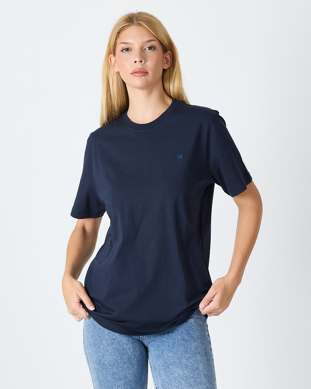 Unisex Blue Embroidered Standard Fit Crew Neck Organic Cotton T-Shirt-1010204