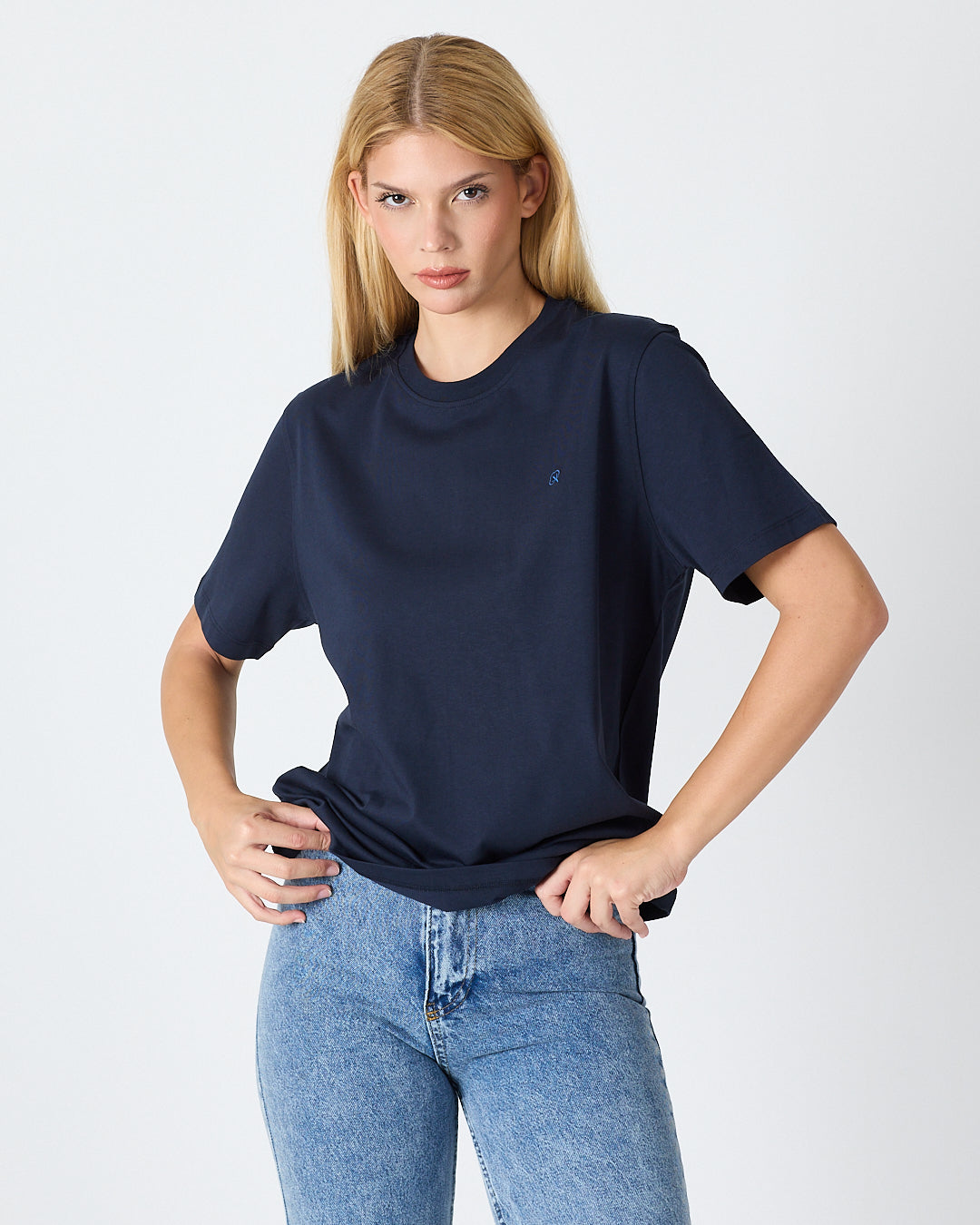 Unisex Blue Embroidered Standard Fit Crew Neck Organic Cotton T-Shirt-1010204
