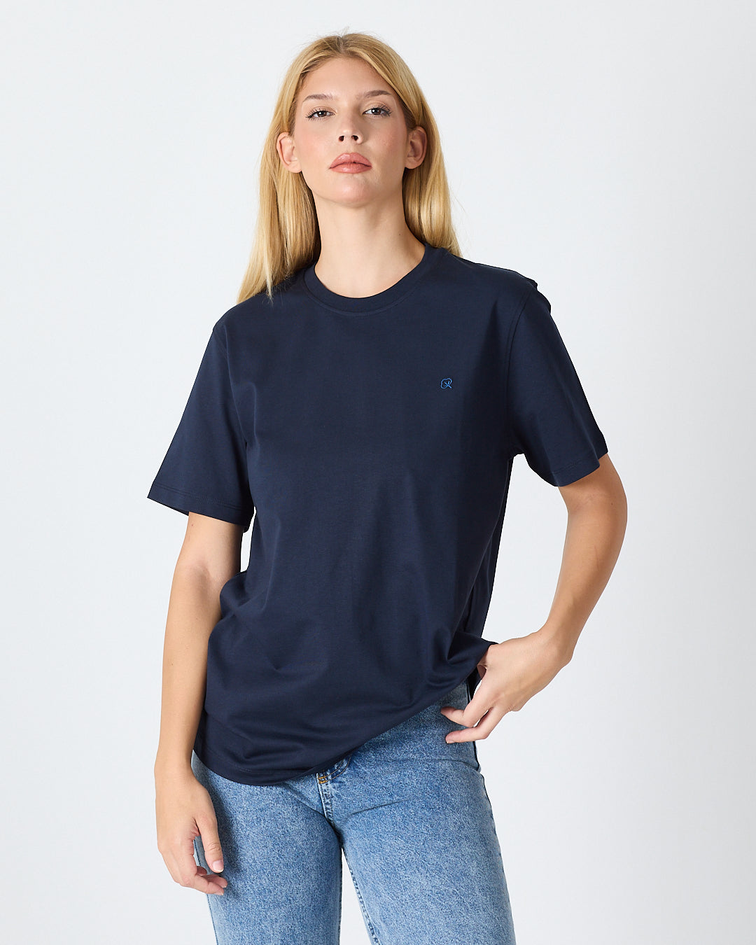 Unisex Blue Embroidered Standard Fit Crew Neck Organic Cotton T-Shirt-1010204