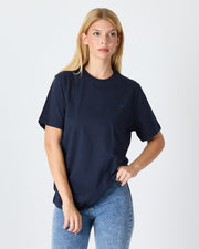 Unisex Blue Embroidered Standard Fit Crew Neck Organic Cotton T-Shirt-1010204