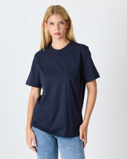 Unisex Blue Embroidered Standard Fit Crew Neck Organic Cotton T-Shirt-1010204