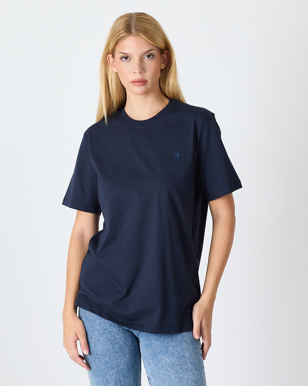 Unisex Blue Embroidered Standard Fit Crew Neck Organic Cotton T-Shirt-1010204