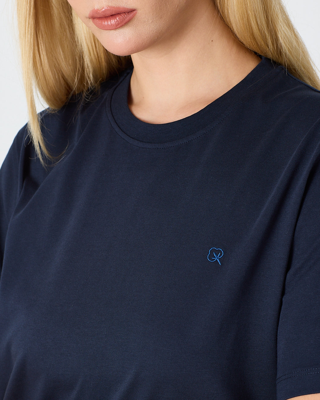Unisex Blue Embroidered Standard Fit Crew Neck Organic Cotton T-Shirt-1010204