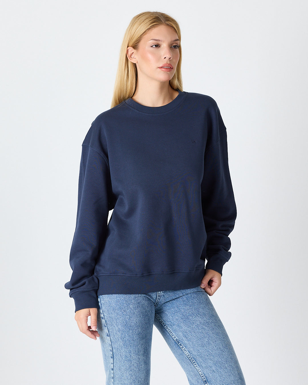 Unisex Lacivert Nakışlı Bisiklet Yaka Organik Pamuk Oversize Sweatshirt