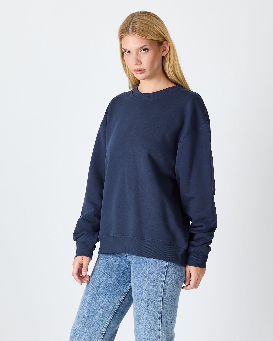 Unisex Lacivert Nakışlı Bisiklet Yaka Organik Pamuk Oversize Sweatshirt