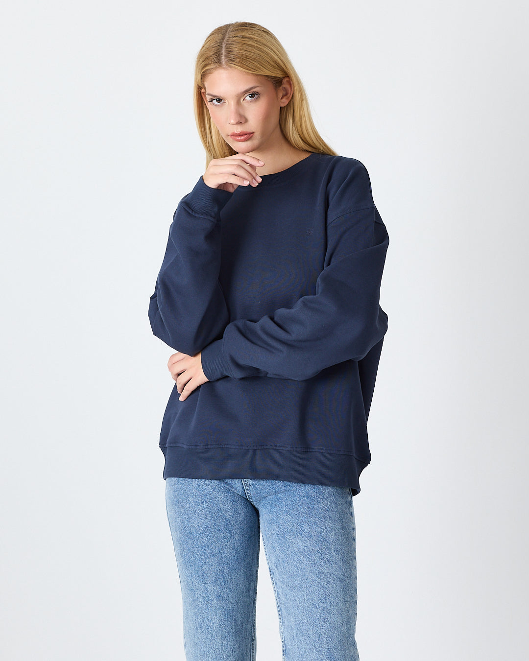 Unisex Lacivert Nakışlı Bisiklet Yaka Organik Pamuk Oversize Sweatshirt