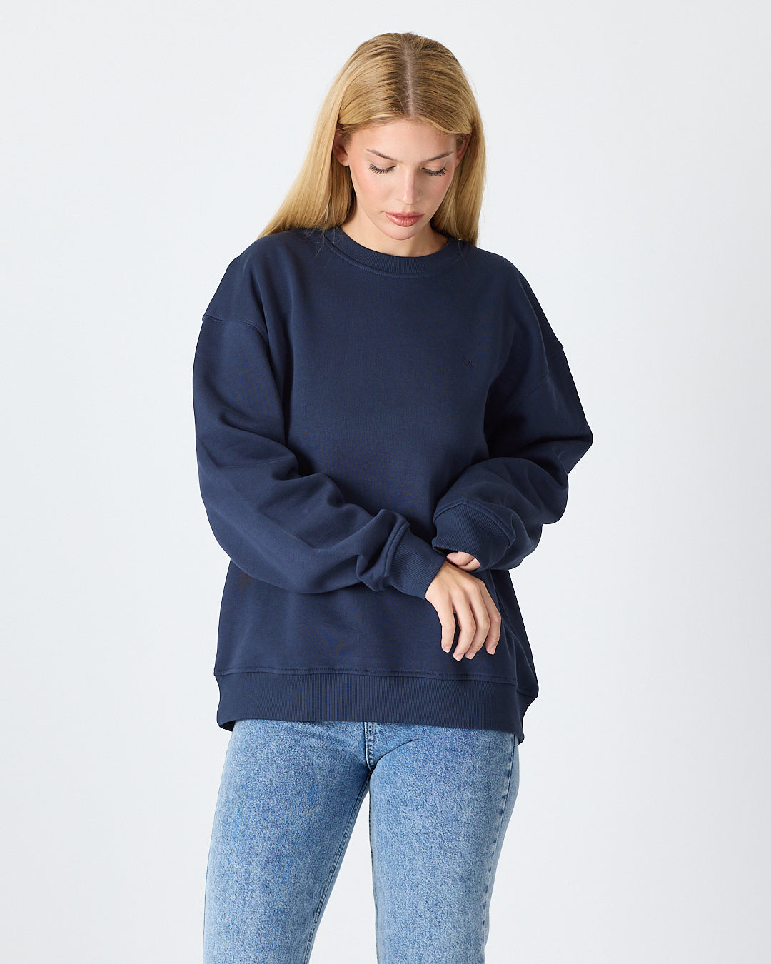 Unisex Lacivert Nakışlı Bisiklet Yaka Organik Pamuk Oversize Sweatshirt