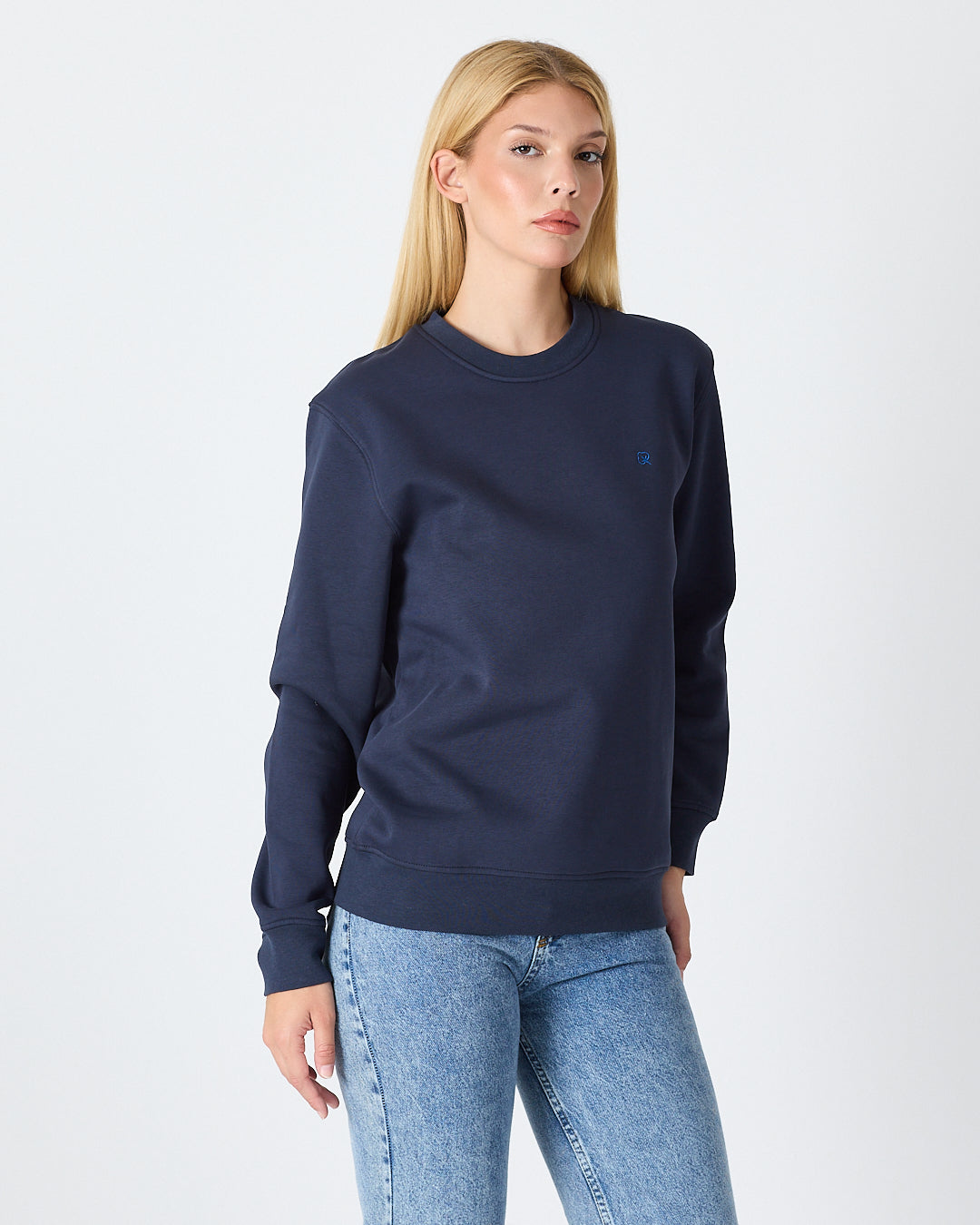 Unisex Blue Embroidered Crew Neck Organic Cotton Recycled Polyester Standard Fit Sweatshirt -1010904