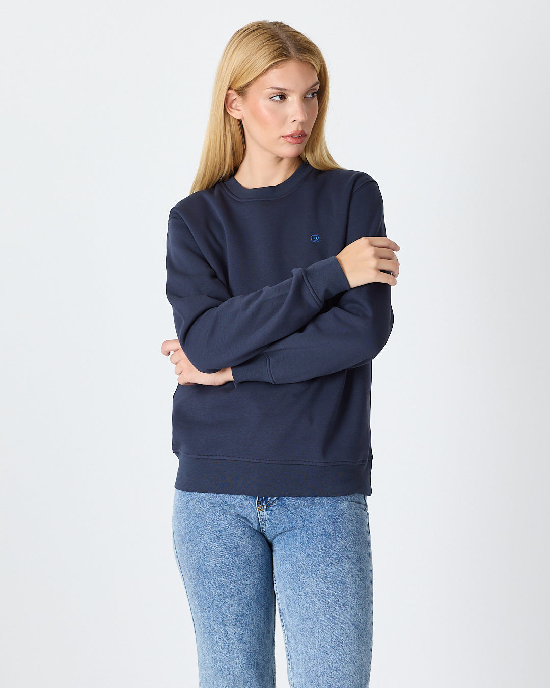 Unisex Blue Embroidered Crew Neck Organic Cotton Recycled Polyester Standard Fit Sweatshirt -1010904