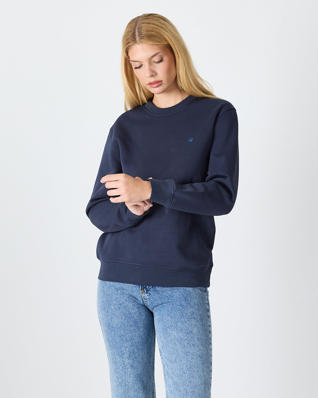 Unisex Blue Embroidered Crew Neck Organic Cotton Recycled Polyester Standard Fit Sweatshirt -1010904