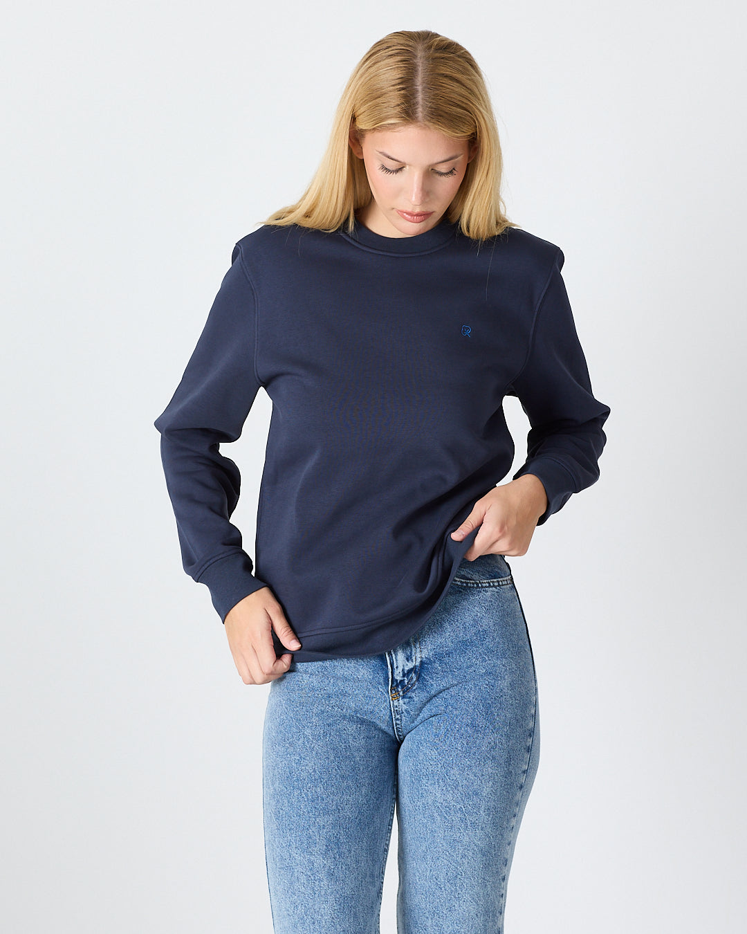 Unisex Blue Embroidered Crew Neck Organic Cotton Recycled Polyester Standard Fit Sweatshirt -1010904