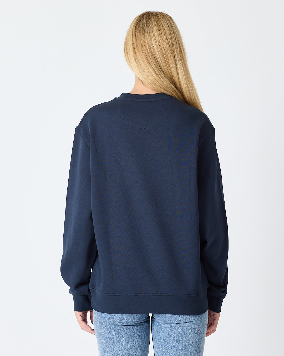 Unisex Lacivert Beyaz Aplike Logo Organik Pamuk Rahat Kalıp Bisiklet Yaka Sweatshirt