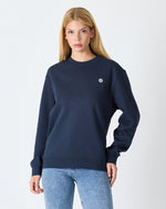 Unisex Lacivert Beyaz Aplike Logo Organik Pamuk Rahat Kalıp Bisiklet Yaka Sweatshirt