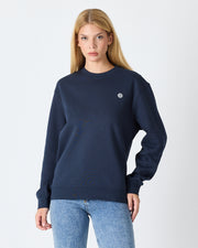 Unisex Lacivert Beyaz Aplike Logo Organik Pamuk Rahat Kalıp Bisiklet Yaka Sweatshirt