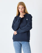 Unisex Lacivert Beyaz Aplike Logo Organik Pamuk Rahat Kalıp Bisiklet Yaka Sweatshirt